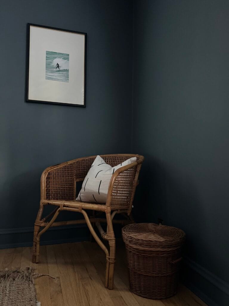 Toy Storage basket next to chair.