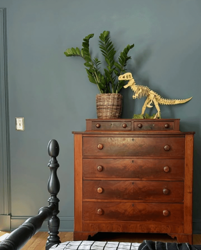 boys bedroom with dinosaur, antique dresser, and plant