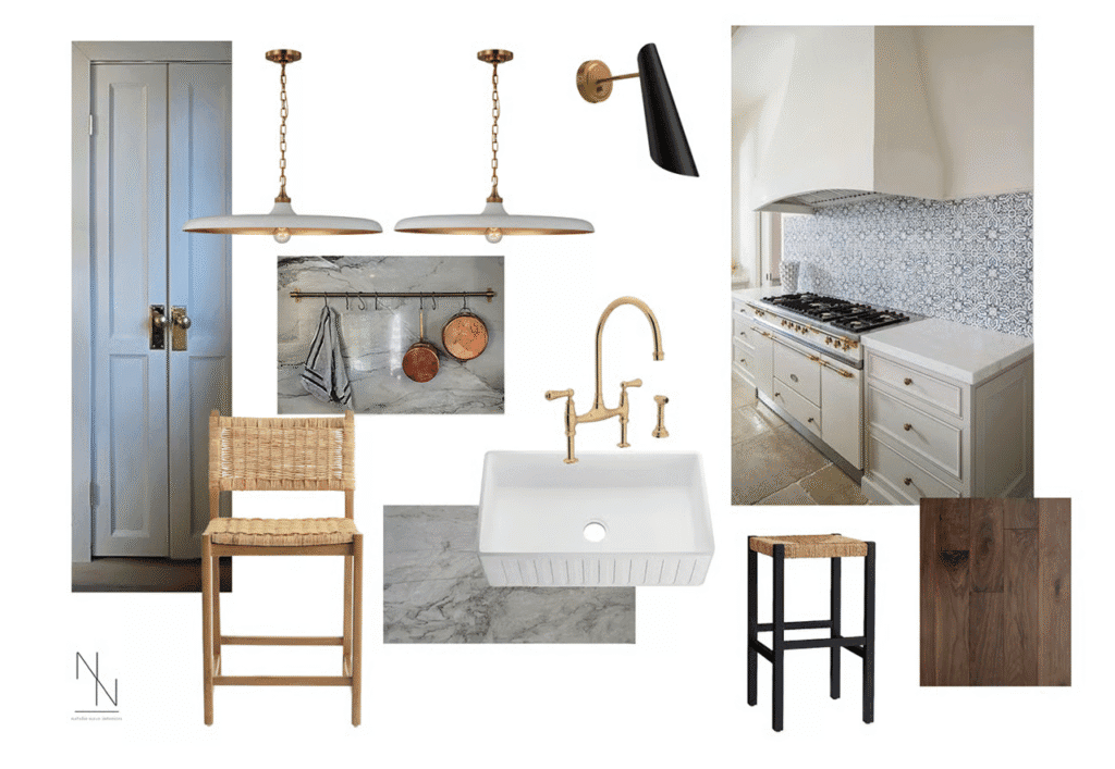 Mood Board from Interior Design Services. Features well designed kitchen with lights, colors, furniture, cabinets, and sink.
