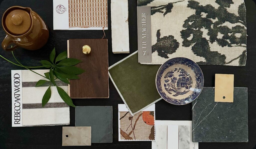 Design items, wallpaper, tile, wood, brass